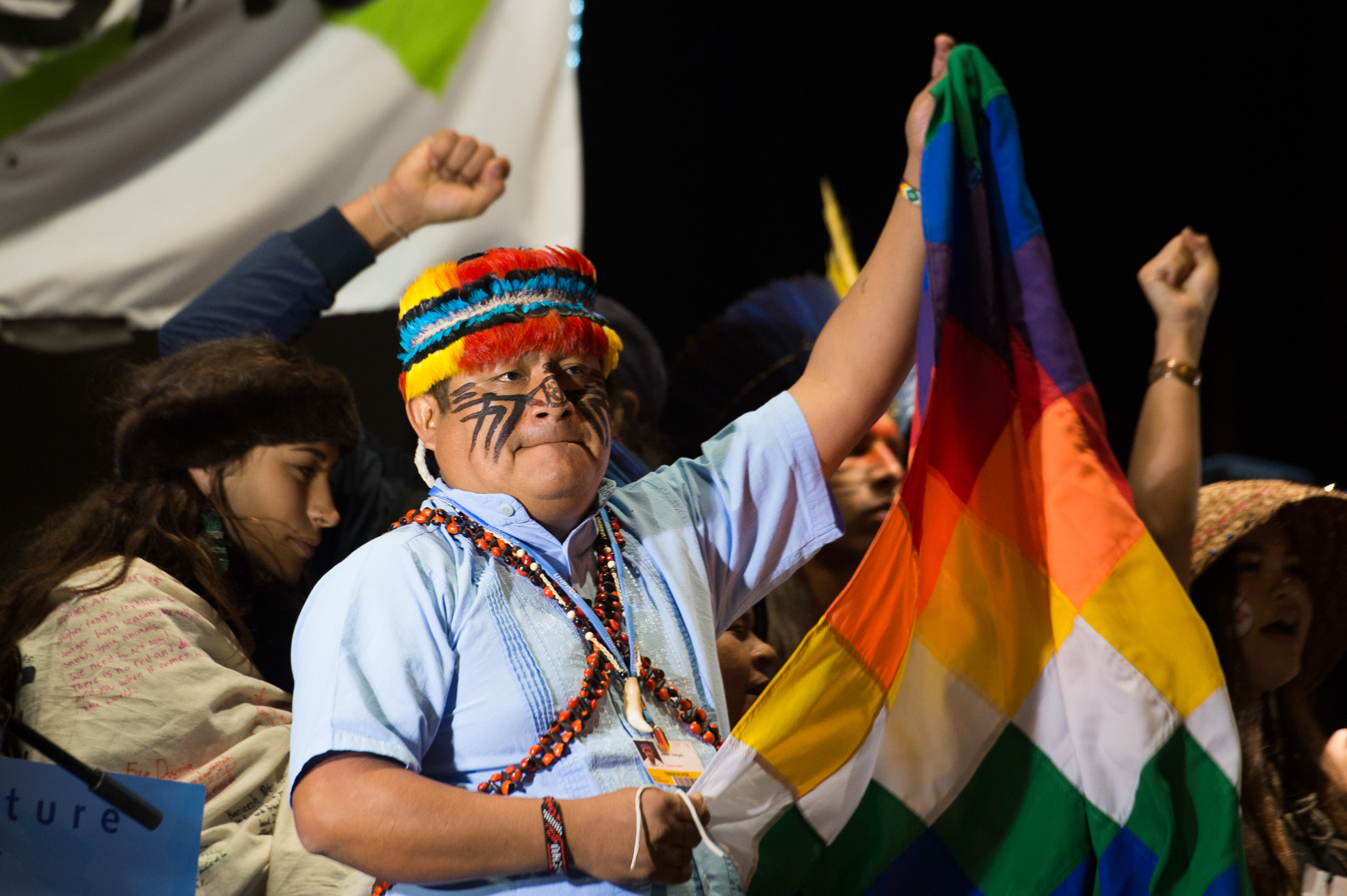 Jaime Vargas presidente de la CONAIE durante la marcha de la COP25.