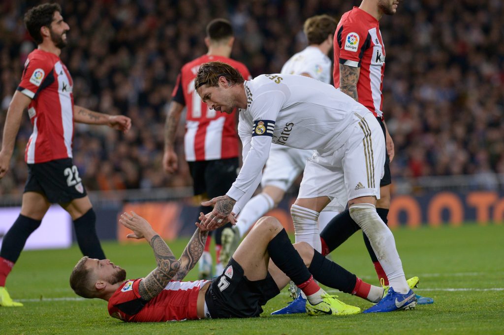 Sergio Ramos durante el partido Real Madrid vs Athletic Club que terminó 0 a 0 y el Barça queda de puntero de La Liga.