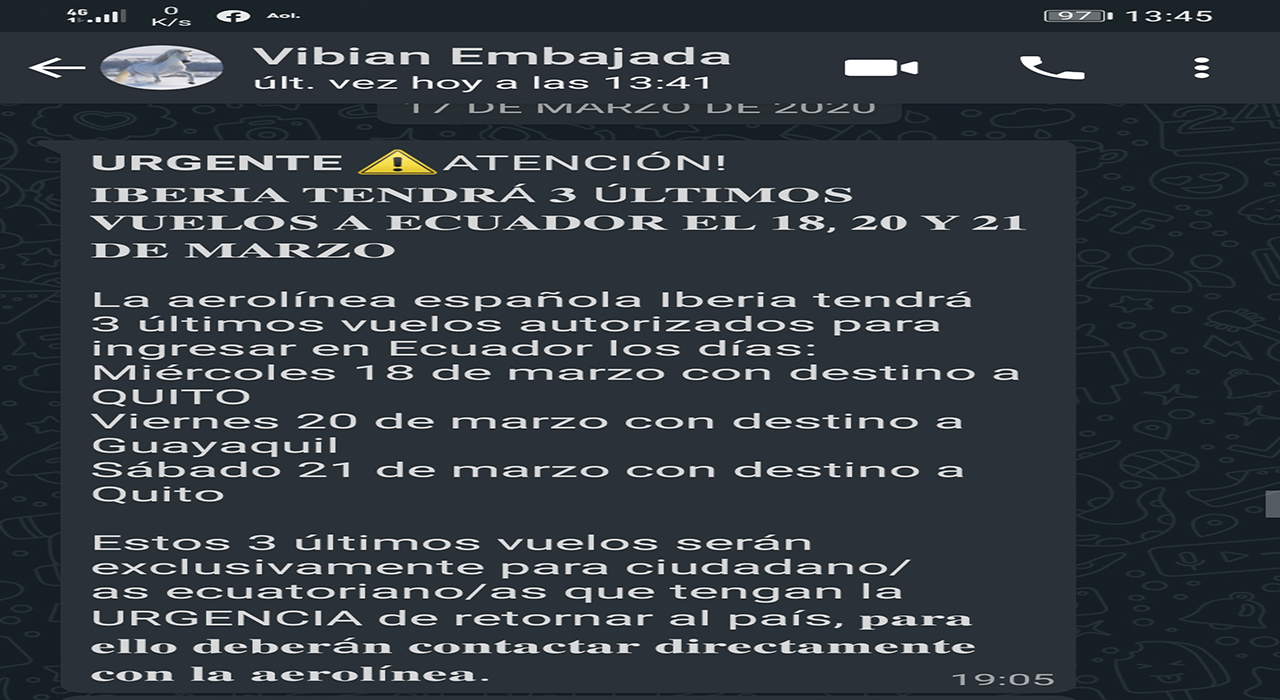 Captura de pantalla del mensaje enviado por la embajada de Ecuador en Madrid, indicando los vuelos de Iberia autorizados incluído el no permitido por la alcaldesa Cynthia Viteri. 